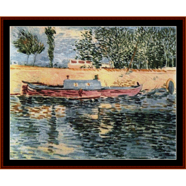 Counted Cross Stitch Pattern by Cross Stitch Collectibles of a boat on water with trees in the background