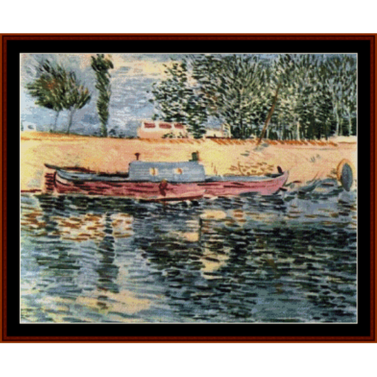 Counted Cross Stitch Pattern by Cross Stitch Collectibles of a boat on water with trees in the background
