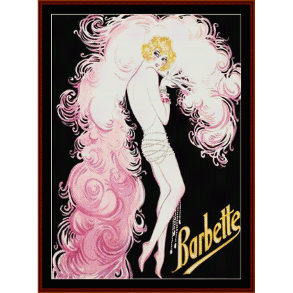 Counted Cross Stitch Pattern by Cross Stitch Collectibles featuring a stylized dancer with a pink skirt and flowing hair, with the text 'Barbette' at the bottom.