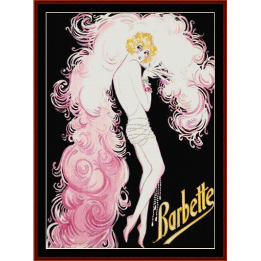 Counted Cross Stitch Pattern by Cross Stitch Collectibles featuring a stylized dancer with a pink skirt and flowing hair, with the text 'Barbette' at the bottom.