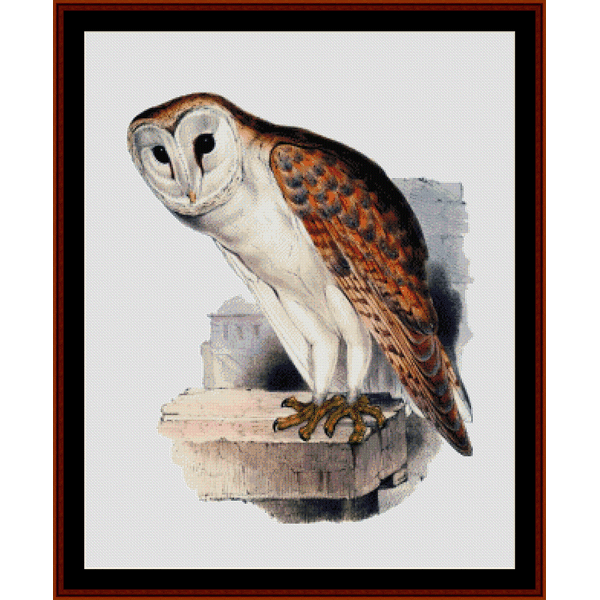 Counted Cross Stitch Pattern by Cross Stitch Collectibles depicting a barn owl perched on a structure, with a frame around the image.