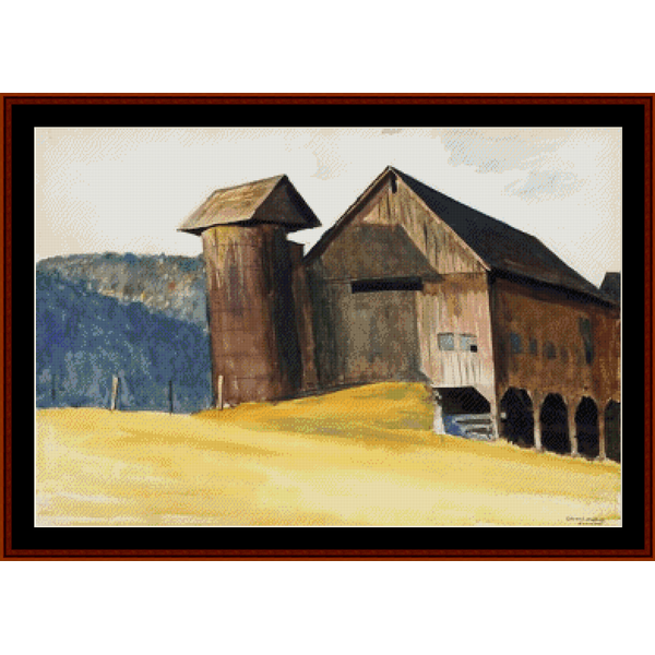 Counted Cross Stitch Pattern by Cross Stitch Collectibles depicting a stylized barn and silo with a landscape in the background