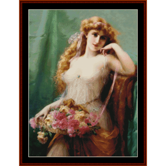 Counted Cross Stitch Pattern by Cross Stitch Collectibles of a woman with a basket of roses, displaying her flowing hair and the detailed floral arrangement.