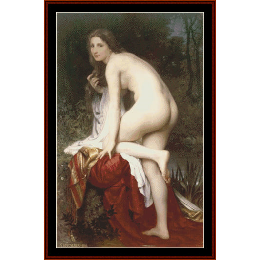 Counted Cross Stitch Pattern by Cross Stitch Collectibles - Nude woman sitting on a rock with a red cloth, surrounded by nature
