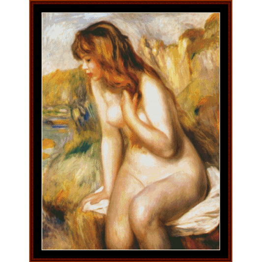 Counted Cross Stitch Pattern by Cross Stitch Collectibles of a nude figure seated on rocks, with a landscape in the background, inspired by Pierre Auguste Renoir's painting.