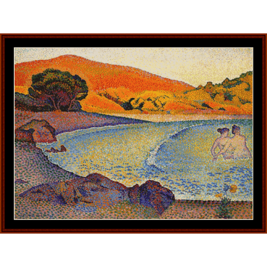 Counted Cross Stitch Pattern by Cross Stitch Collectibles depicting a landscape with a body of water and hills in the background, in bright colorful tones typical of an Impressionist style.