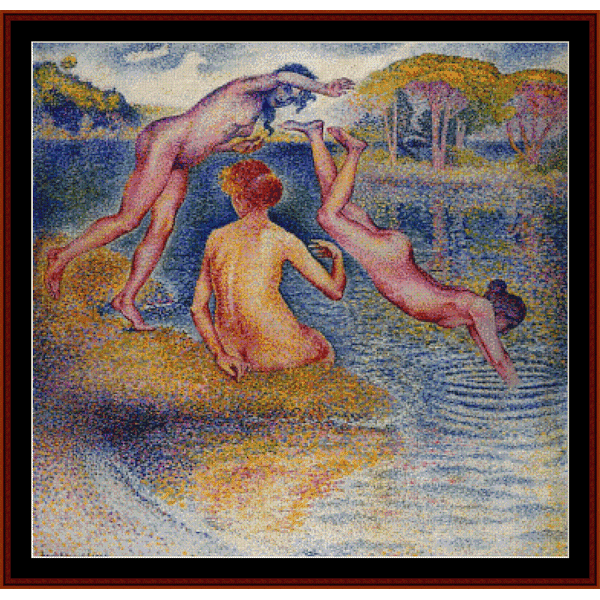 Counted Cross Stitch Pattern by Cross Stitch Collectibles depicting three figures by a lake, with one figure jumping into the water, another sitting, and a third standing beside them.