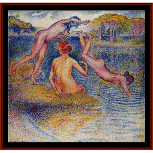Counted Cross Stitch Pattern by Cross Stitch Collectibles depicting three figures by a lake, with one figure jumping into the water, another sitting, and a third standing beside them.