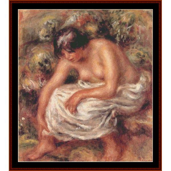 Counted Cross Stitch Pattern by Cross Stitch Collectibles of a nude figure draped in white fabric, sitting outdoors with flowers and foliage.