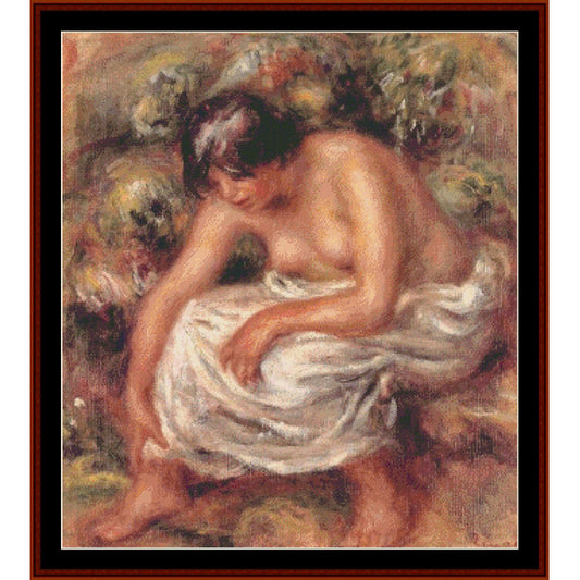 Counted Cross Stitch Pattern by Cross Stitch Collectibles of a nude figure draped in white fabric, sitting outdoors with flowers and foliage.