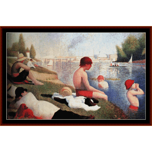Counted Cross Stitch Pattern by Cross Stitch Collectibles of a famous painting depicting a group of people relaxing by a river, with trees and boats in the background.