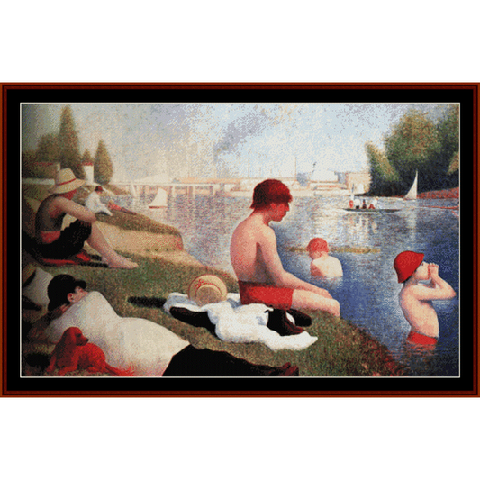 Counted Cross Stitch Pattern by Cross Stitch Collectibles of a famous painting depicting a group of people relaxing by a river, with trees and boats in the background.
