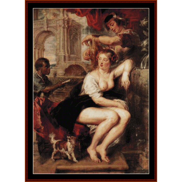 Counted Cross Stitch Pattern by Cross Stitch Collectibles of a woman in a classical setting with architectural elements