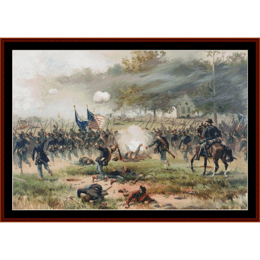 Counted Cross Stitch Pattern by Cross Stitch Collectibles of a historical battle scene with soldiers and flags.