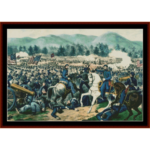 Counted Cross Stitch Pattern by Cross Stitch Collectibles of a historical battle scene with soldiers, horses, and cannons.