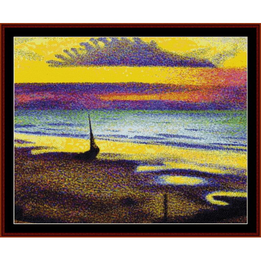 Counted Cross Stitch Pattern by Cross Stitch Collectibles - Sailboat silhouette against a colorful sunset sky with a textured border