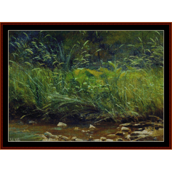 Counted Cross Stitch Pattern by Cross Stitch Collectibles depicting a natural scene with trees and a pond