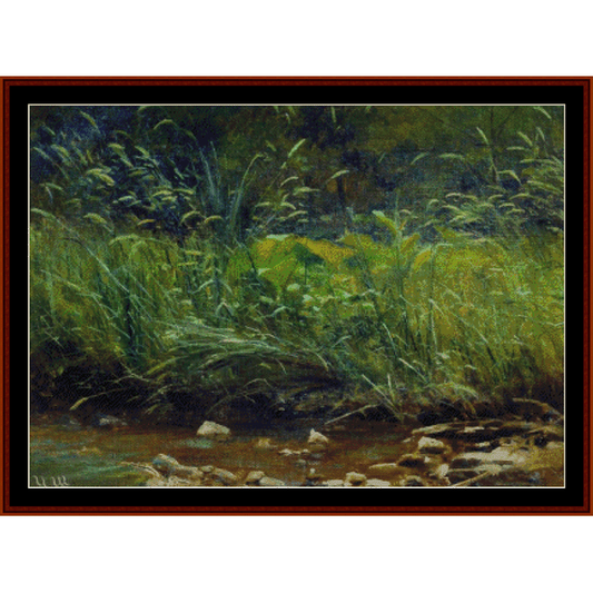 Counted Cross Stitch Pattern by Cross Stitch Collectibles depicting a natural scene with trees and a pond