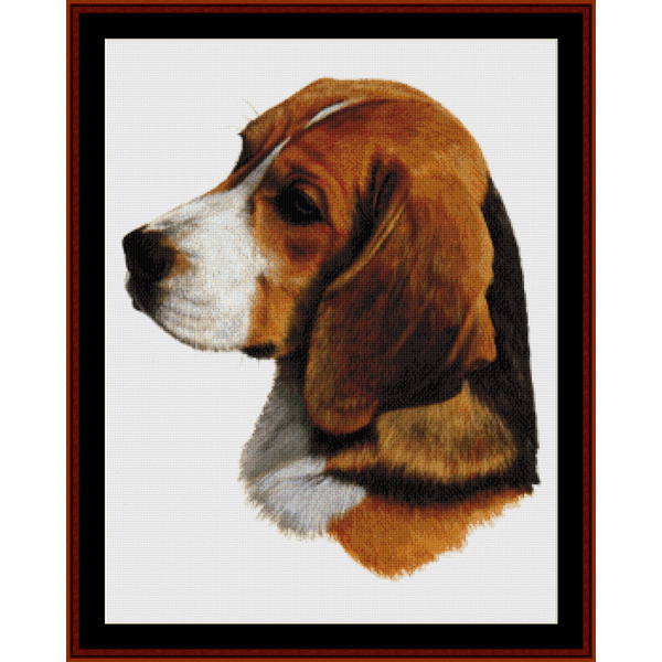 Counted Cross Stitch Pattern by Cross Stitch Collectibles depicting the side profile of a beagle dog's head, with the dog looking to the left. 