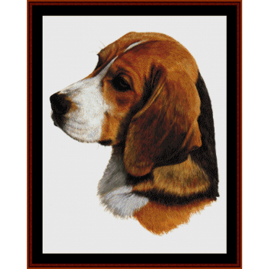 Counted Cross Stitch Pattern by Cross Stitch Collectibles depicting the side profile of a beagle dog's head, with the dog looking to the left. 