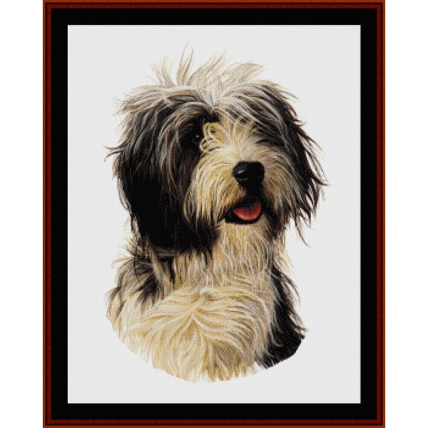Counted Cross Stitch Pattern by Cross Stitch Collectibles depicting a Bearded Collie dog's face with black, white, and beige colors.