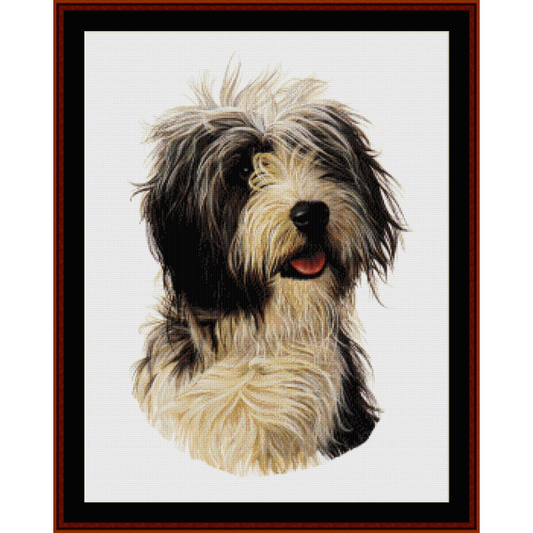 Counted Cross Stitch Pattern by Cross Stitch Collectibles depicting a Bearded Collie dog's face with black, white, and beige colors.