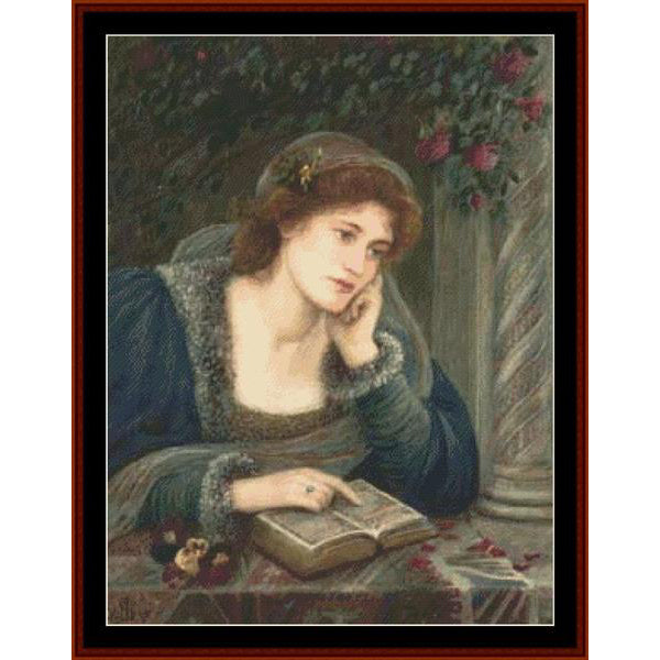Vintage-style Counted Cross Stitch Pattern by Cross Stitch Collectibles of a woman reading a book with flowers and a vase in the background.