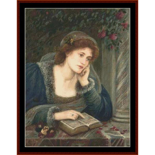Vintage-style Counted Cross Stitch Pattern by Cross Stitch Collectibles of a woman reading a book with flowers and a vase in the background.
