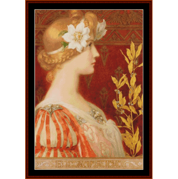 Vintage-style Counted Cross Stitch Pattern by Cross Stitch Collectibles of a woman with a flower in her hair against a red background
