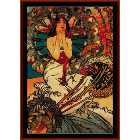 Counted Cross Stitch Pattern by Cross Stitch Collectibles depicting a stylized, colorful depiction of a woman surrounded by floral elements, based on the art of Alphonse Mucha.