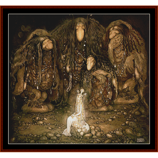 Counted Cross Stitch Pattern by Cross Stitch Collectibles depicting a fairy-tale scene with a small figure surrounded by larger, fantastical creatures.