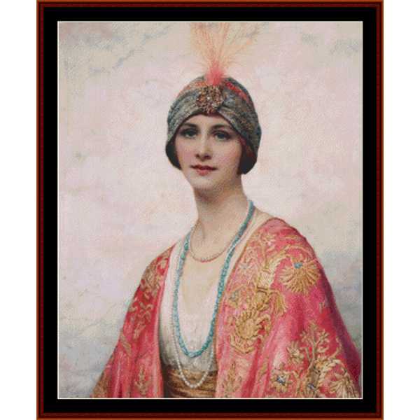 Counted Cross Stitch Pattern by Cross Stitch Collectibles - Portrait of a woman wearing a decorative headpiece and pink shawl with gold patterns.