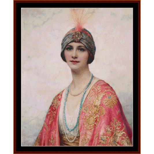 Counted Cross Stitch Pattern by Cross Stitch Collectibles - Portrait of a woman wearing a decorative headpiece and pink shawl with gold patterns.