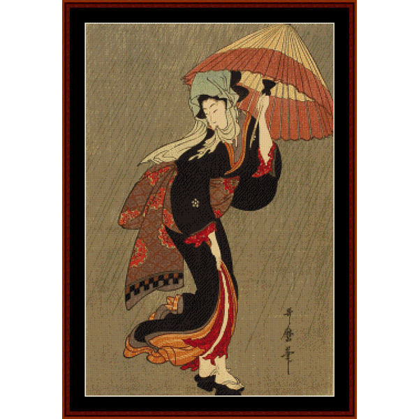 Counted Cross Stitch Pattern by Cross Stitch Collectibles -Traditional Japanese artwork of a woman holding an umbrella with a wooden frame.