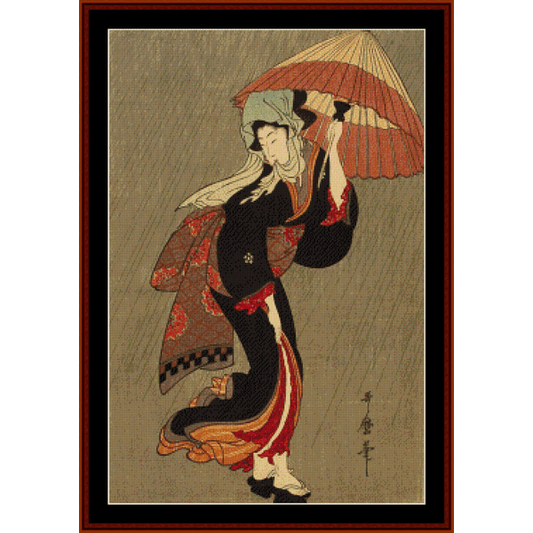 Counted Cross Stitch Pattern by Cross Stitch Collectibles -Traditional Japanese artwork of a woman holding an umbrella with a wooden frame.