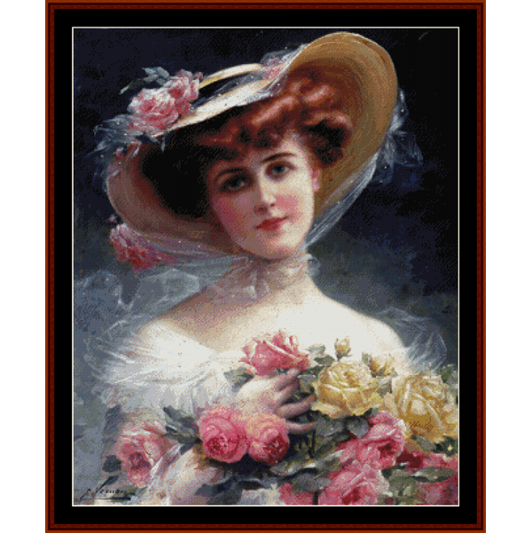 Counted Cross Stitch Pattern by Cross Stitch Collectibles of a woman holding flowers with a dark background