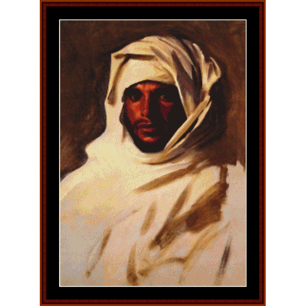 Counted Cross Stitch Pattern by Cross Stitch Collectibles - Portrait of a person wearing a white headscarf with a dark background