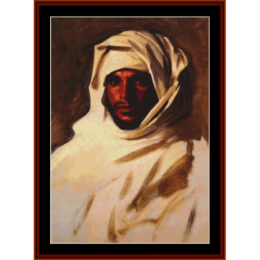 Counted Cross Stitch Pattern by Cross Stitch Collectibles - Portrait of a person wearing a white headscarf with a dark background