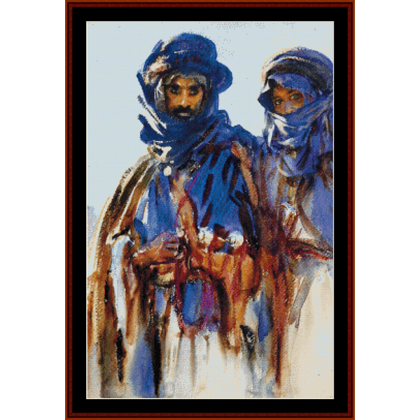 Counted Cross Stitch Pattern by Cross Stitch Collectibles of two figures wearing blue headscarves and brown clothing against a light background.