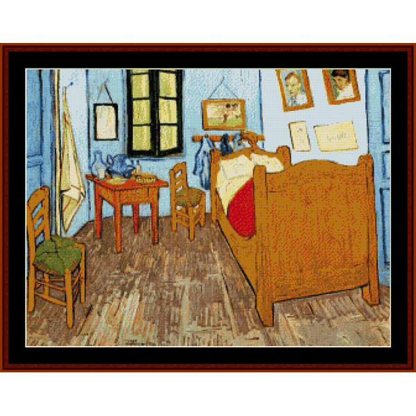Counted Cross Stitch Pattern by Cross Stitch Collectibles of Vincent Van Gogh's 'Bedroom at Arles' featuring a bedroom scene with a bed, chair, and decorative items.