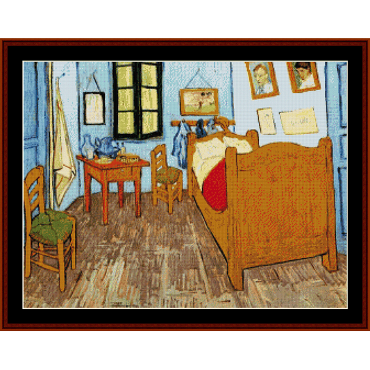 Counted Cross Stitch Pattern by Cross Stitch Collectibles of Vincent Van Gogh's 'Bedroom at Arles' featuring a bedroom scene with a bed, chair, and decorative items.