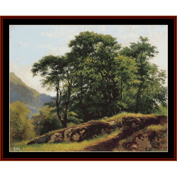Counted Cross Stitch Pattern by Cross Stitch Collectibles depicting a forest scene with prominent trees and a mountainous background.