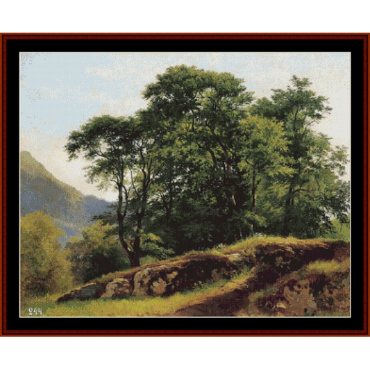 Counted Cross Stitch Pattern by Cross Stitch Collectibles depicting a forest scene with prominent trees and a mountainous background.