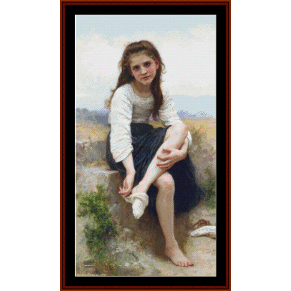 Counted Cross Stitch Pattern by Cross Stitch Collectibles depicting a young girl sitting by a well, based on the artwork 'Before the Bath' by William Bouguereau.