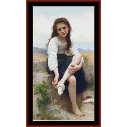 Counted Cross Stitch Pattern by Cross Stitch Collectibles depicting a young girl sitting by a well, based on the artwork 'Before the Bath' by William Bouguereau.