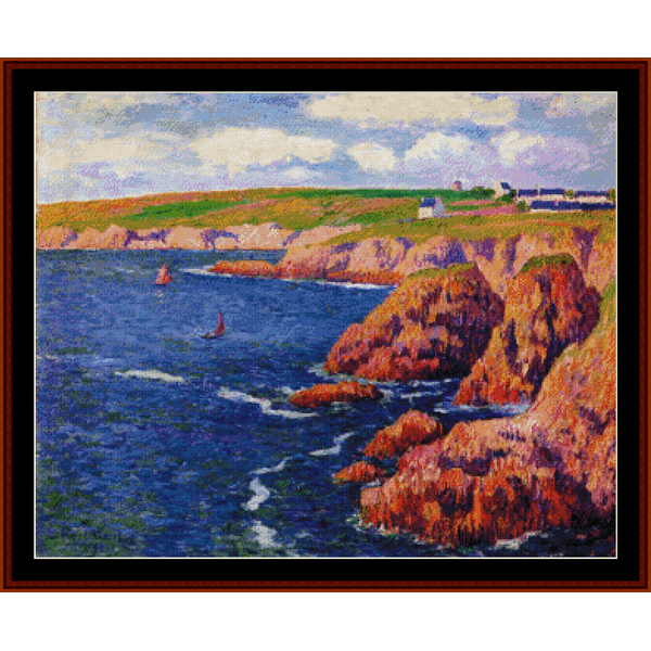 Counted Cross Stitch Pattern by Cross Stitch Collectibles of a coastal scene with cliffs and a sailboat.