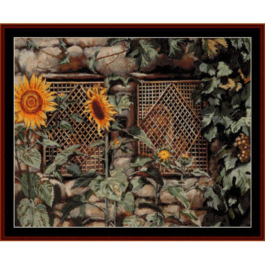 Counted Cross Stitch Pattern by Cross Stitch Collectibles with sunflowers and stone wall design