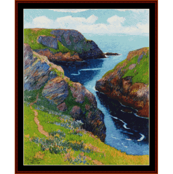 Counted Cross Stitch Pattern by Cross Stitch Collectibles - Landscape painting of a coastal scene with cliffs and a river.