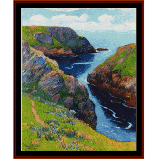 Counted Cross Stitch Pattern by Cross Stitch Collectibles - Landscape painting of a coastal scene with cliffs and a river.