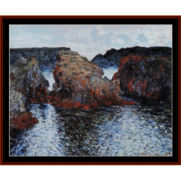 Counted Cross Stitch Pattern by Cross Stitch Collectibles image featuring a part of the famous Monet painting 'Belle Ile Rocks at Port Goulpar' with vibrant colors and impressive landscape.